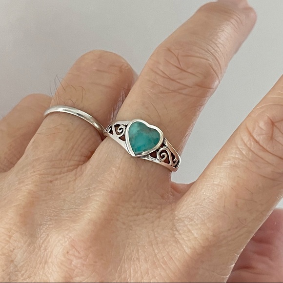 Sterling Silver Swirly and Genuine Turquoise Heart Ring, Silver Rings, Stones - Picture 2 of 12